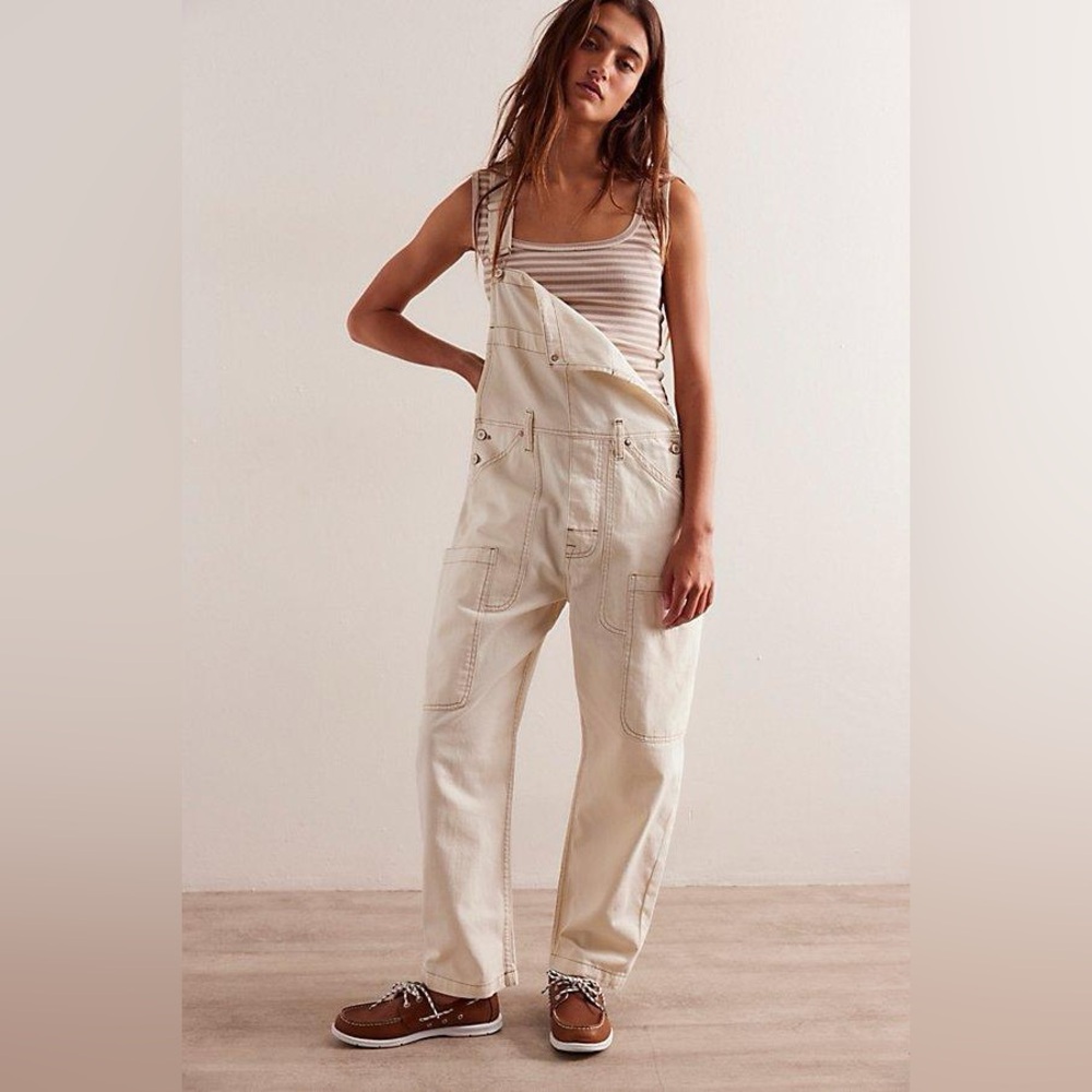 NWOT Free People We the Free Way Back Overalls Dungarees in Natural denim